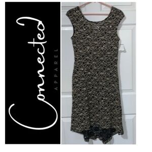 🌺 CONNECTED APPAREL Hi Lo Black Gold Sequin Lace Shift Dress NWT 10